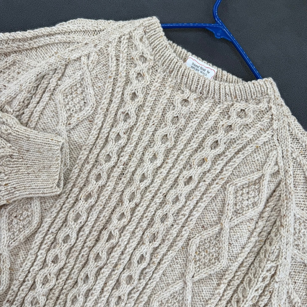 Helen Wall Hand Knit 100% Irish Wool Aran Cable Knit Sweater Oatmeal Beige Men L